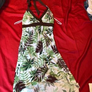 Halter dress mid length and longer in back.